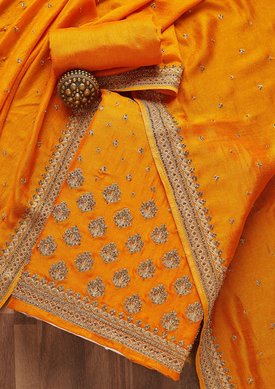 Mustard Stonework Georgette Unstitched Salwar Suit- Koskii