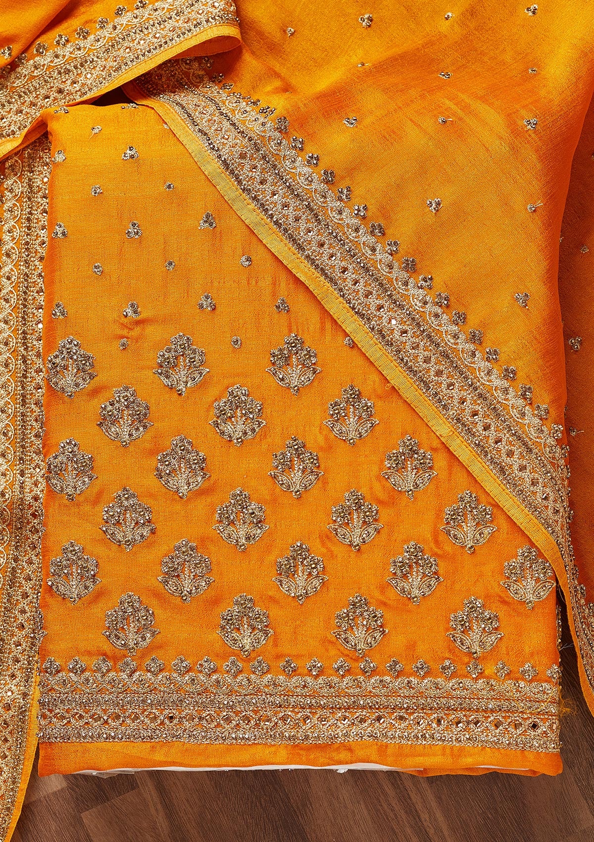 Mustard Stonework Georgette Unstitched Salwar Suit - Koskii