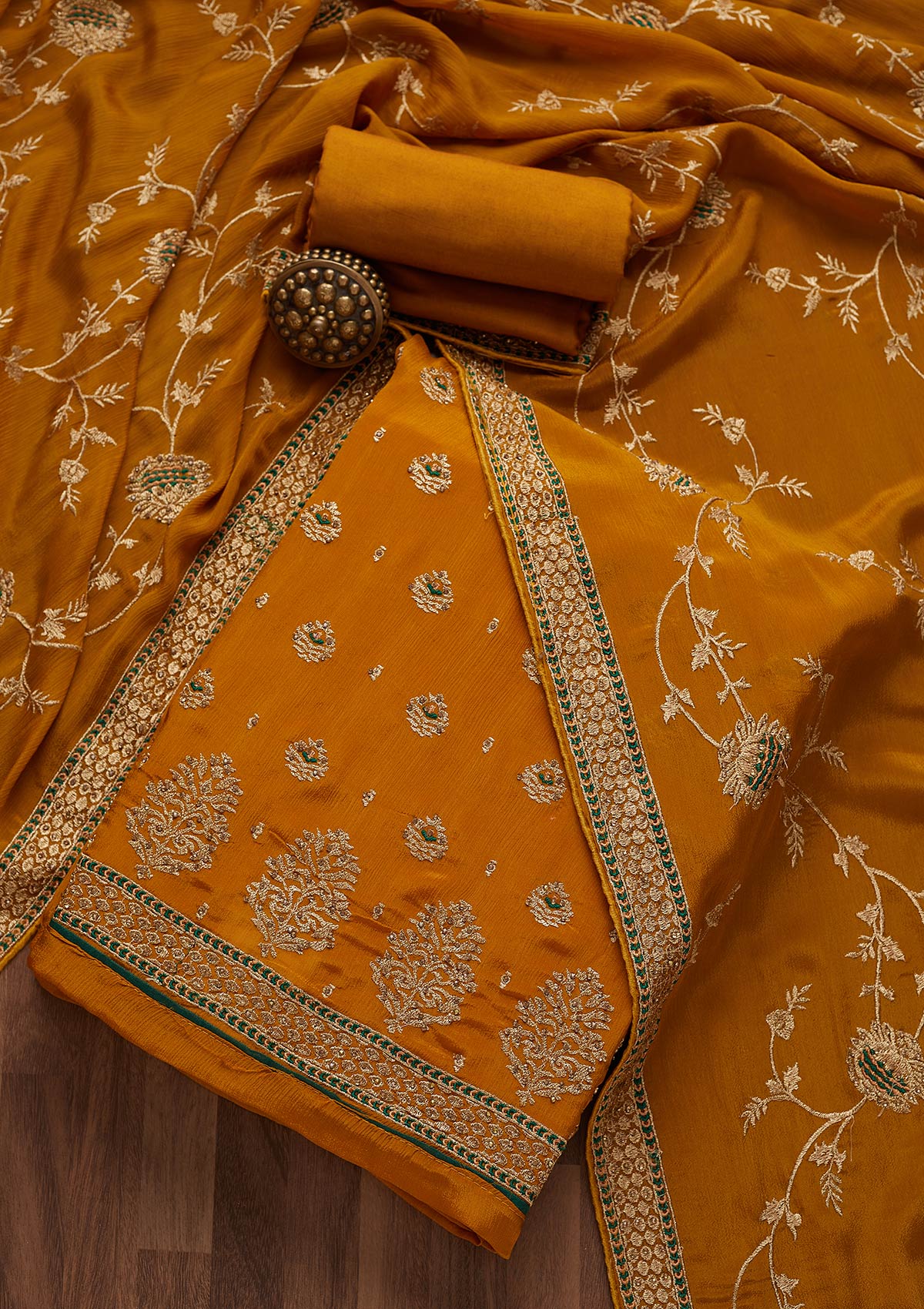 Mustard Stonework Georgette Unstitched Salwar Suit-Koskii