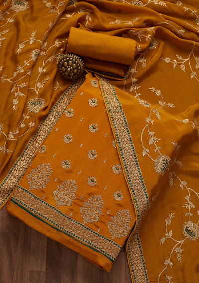 Mustard Stonework Georgette Unstitched Salwar Suit-Koskii