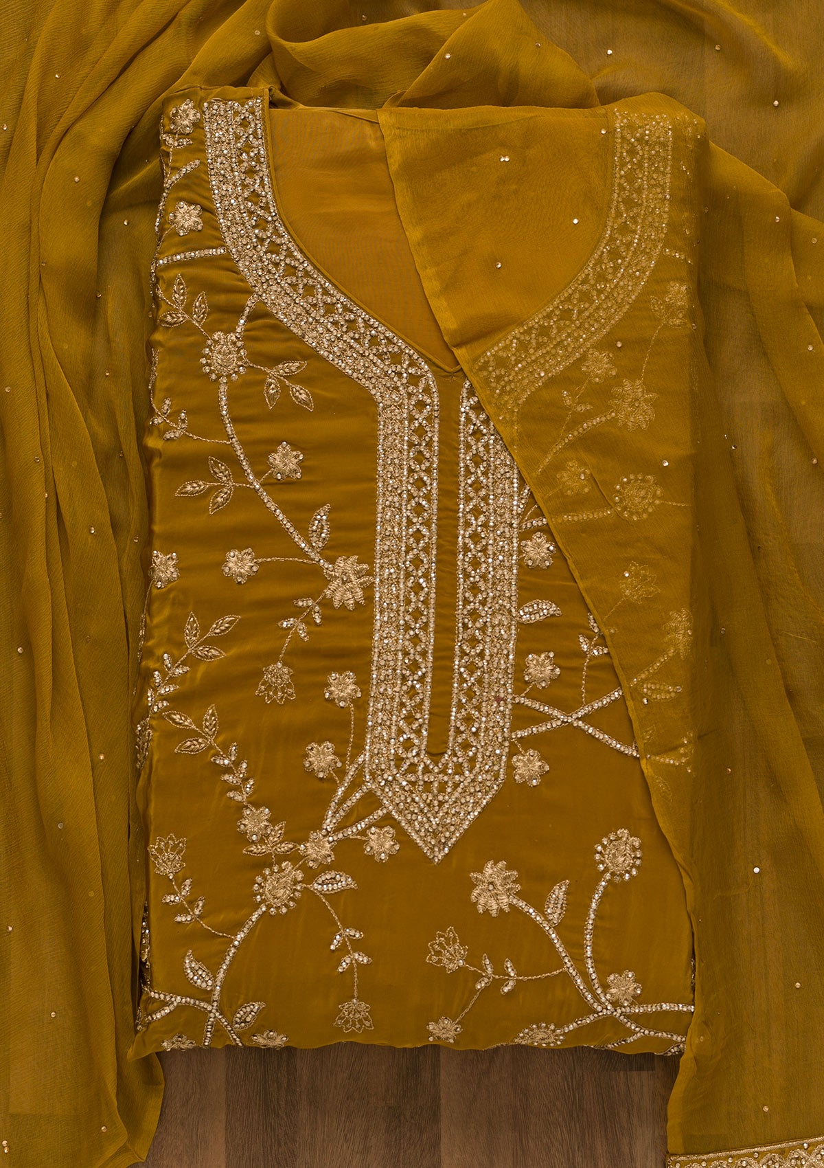 Mustard Stonework Semi Crepe Unstitched Salwar Suit-Koskii