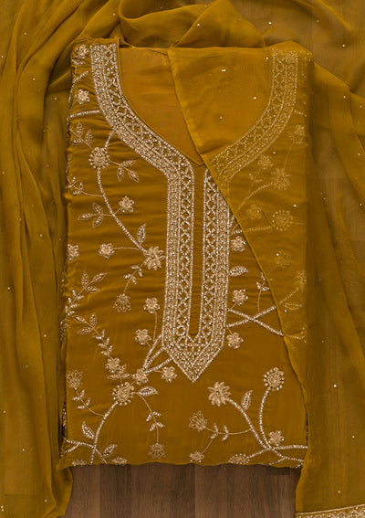 Mustard Stonework Semi Crepe Unstitched Salwar Suit-Koskii