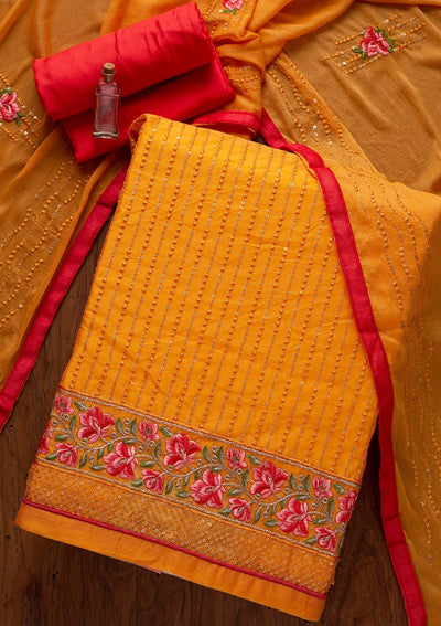 Mustard Threadwork Chanderi Designer Semi-Stitched Salwar Suit - koskii