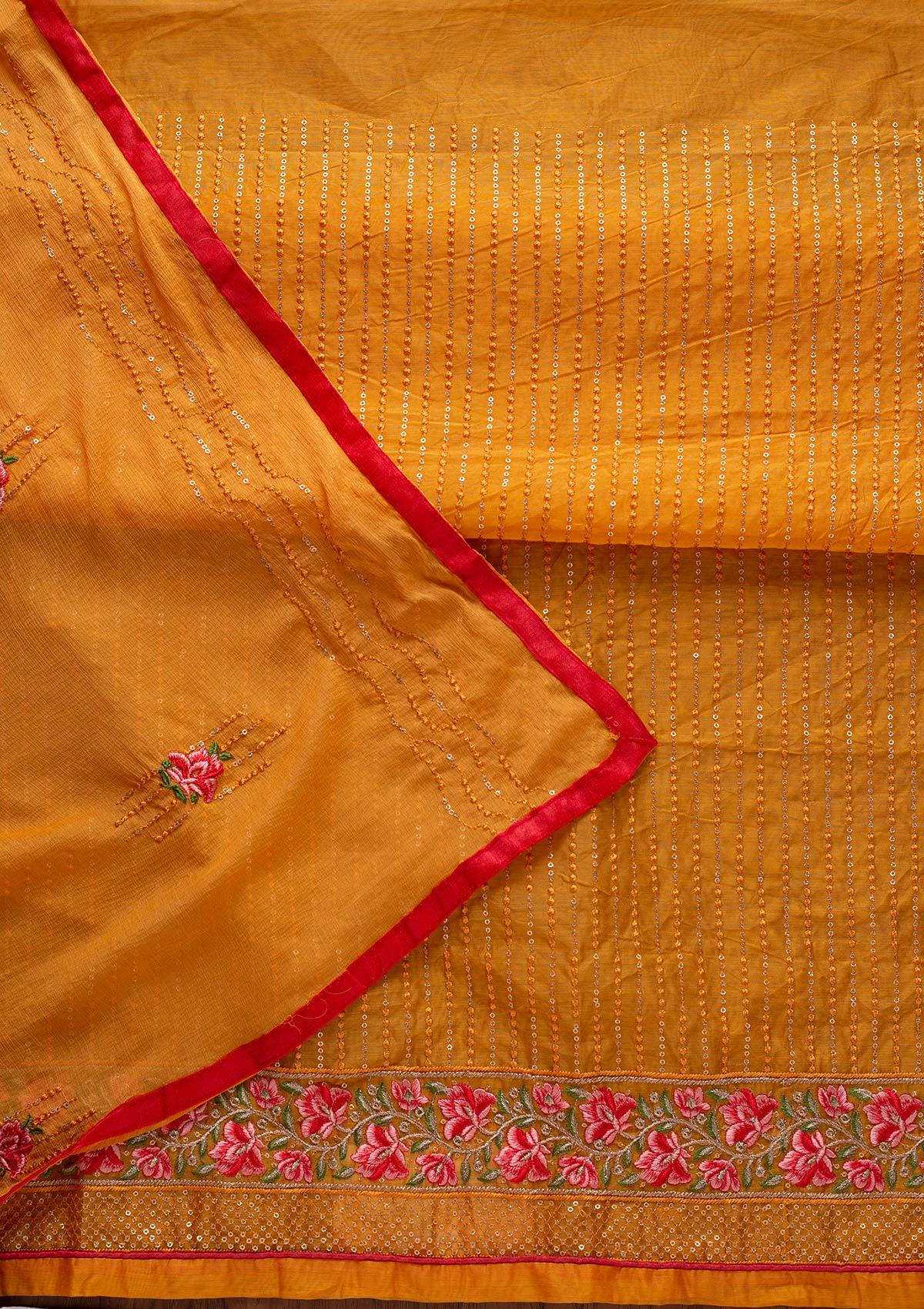 Mustard Threadwork Chanderi Designer Semi-Stitched Salwar Suit - koskii