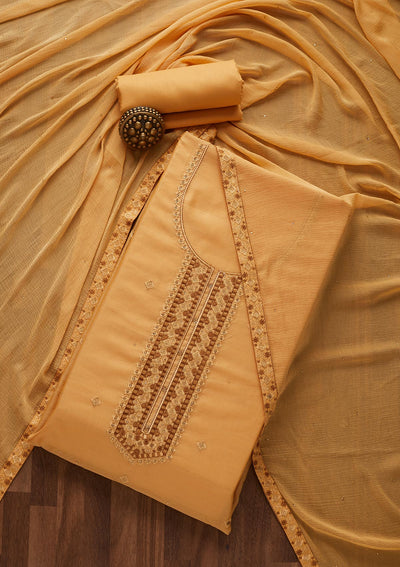 Mustard Threadwork Chanderi Designer Unstitched Salwar Suit - Koskii