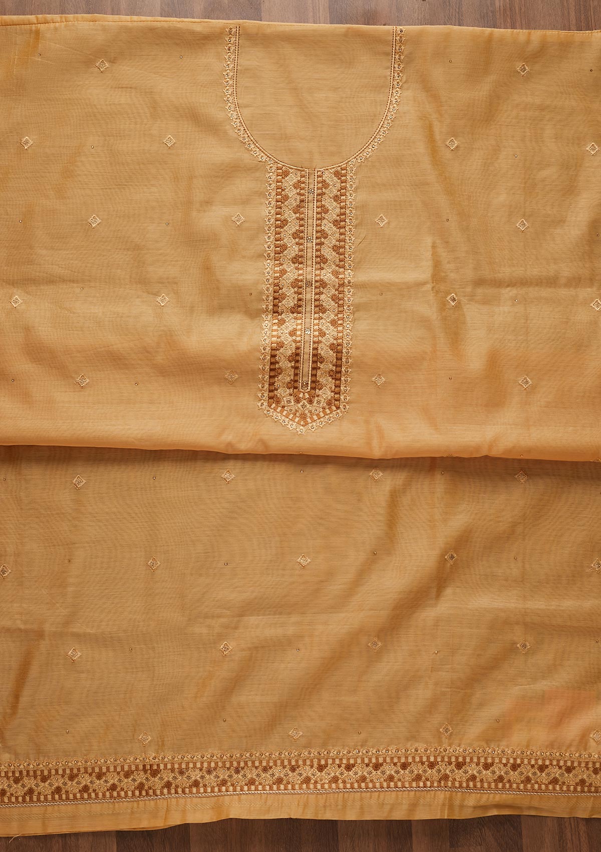 Mustard Threadwork Chanderi Designer Unstitched Salwar Suit - Koskii