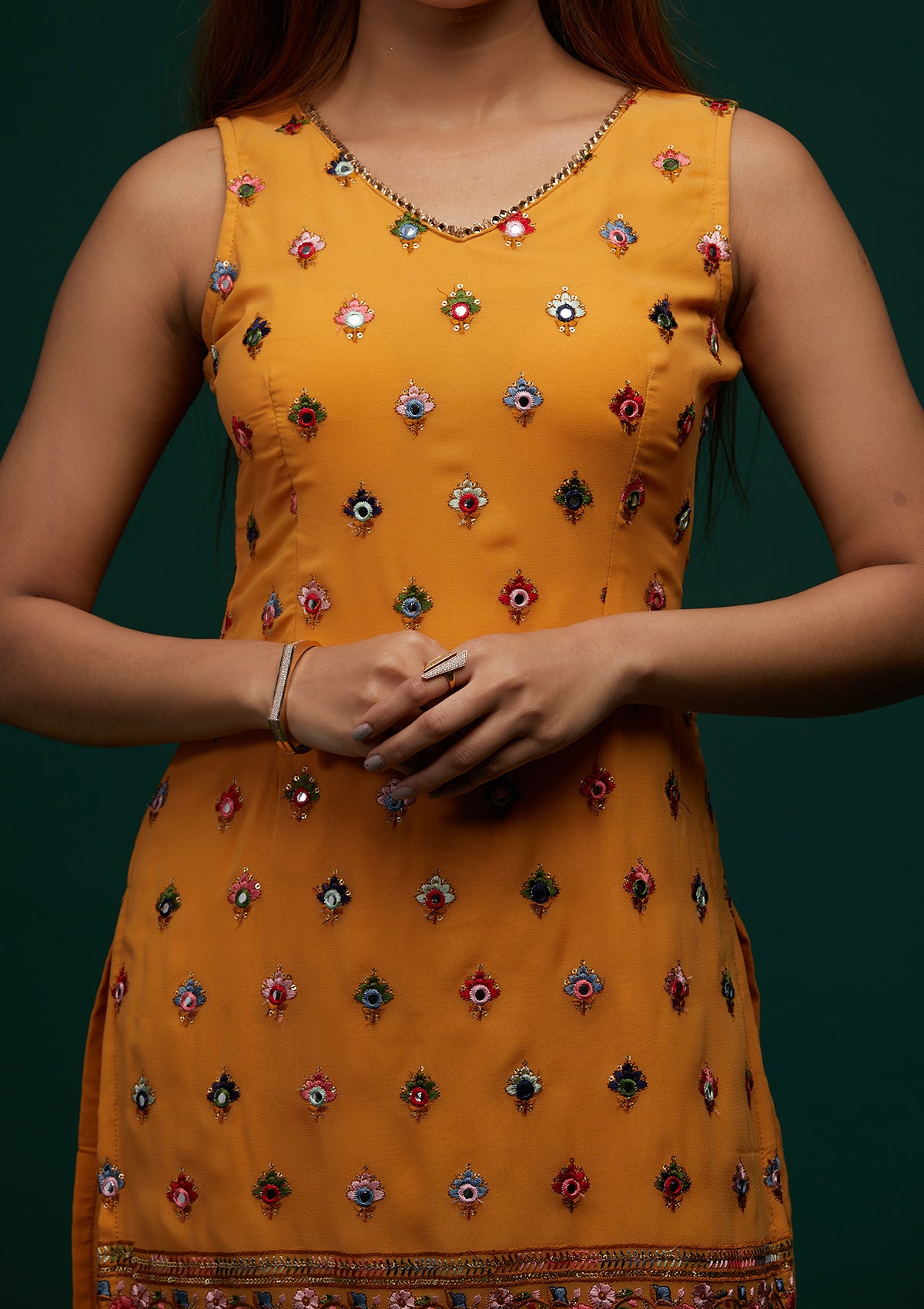 Mustard Threadwork Georgette Designer Salwar Suit - Koskii