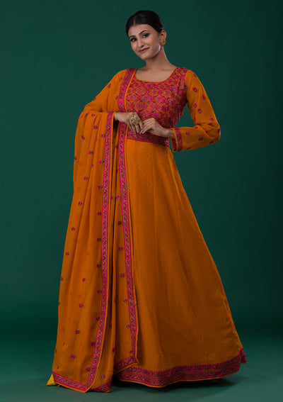 Mustard Threadwork Georgette Designer Anarkali Suit-Koskii