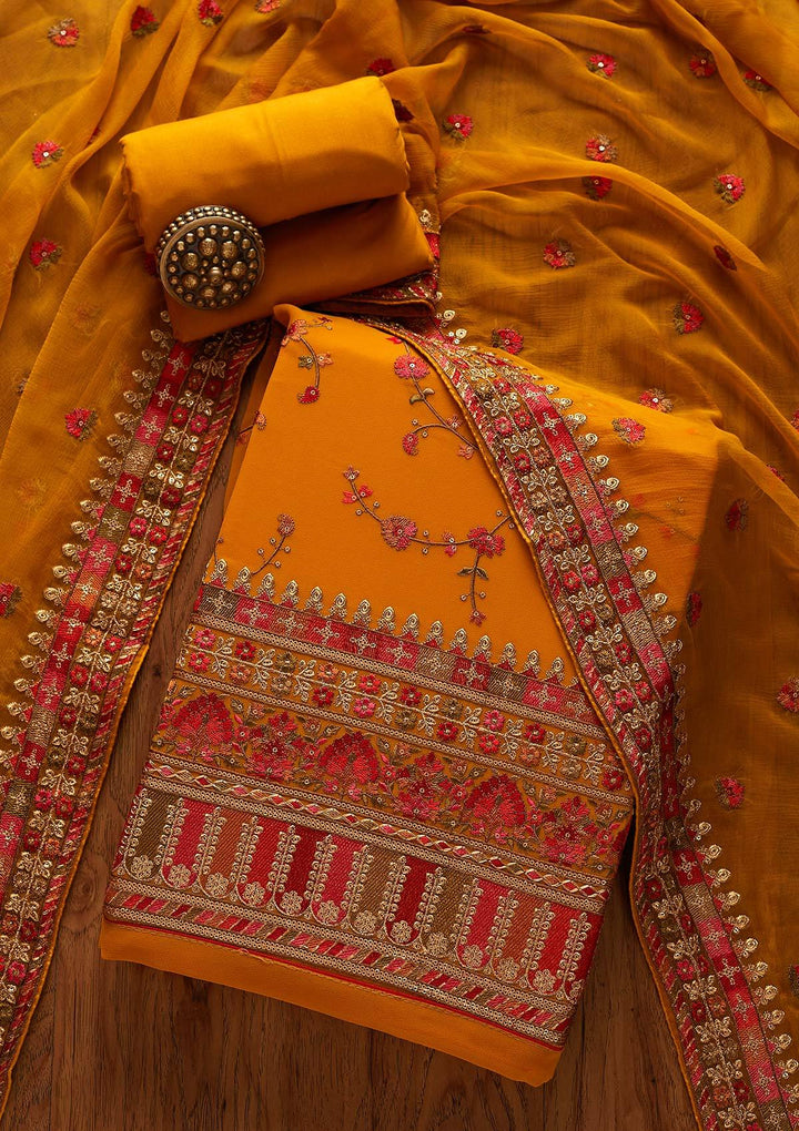 Mustard Threadwork Georgette Designer Unstitched Salwar Suit - Koskii