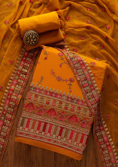 Mustard Threadwork Georgette Designer Unstitched Salwar Suit - Koskii