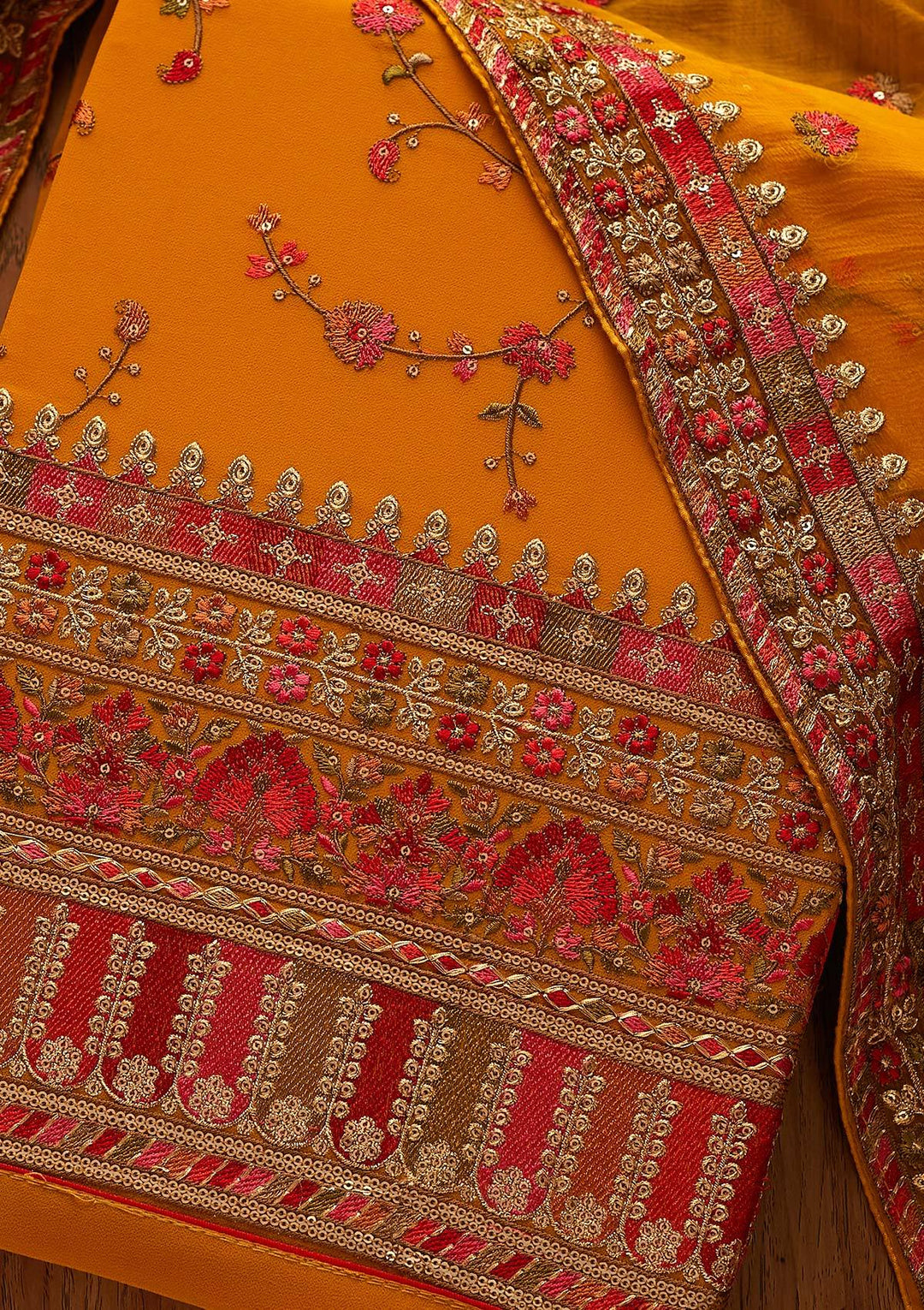 Mustard Threadwork Georgette Designer Unstitched Salwar Suit - Koskii