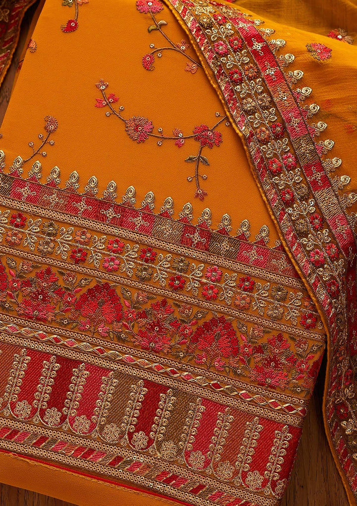 Mustard Threadwork Georgette Designer Unstitched Salwar Suit - Koskii