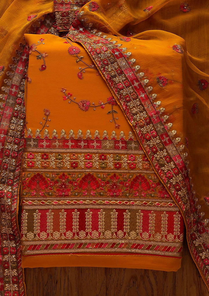 Mustard Threadwork Georgette Designer Unstitched Salwar Suit - Koskii