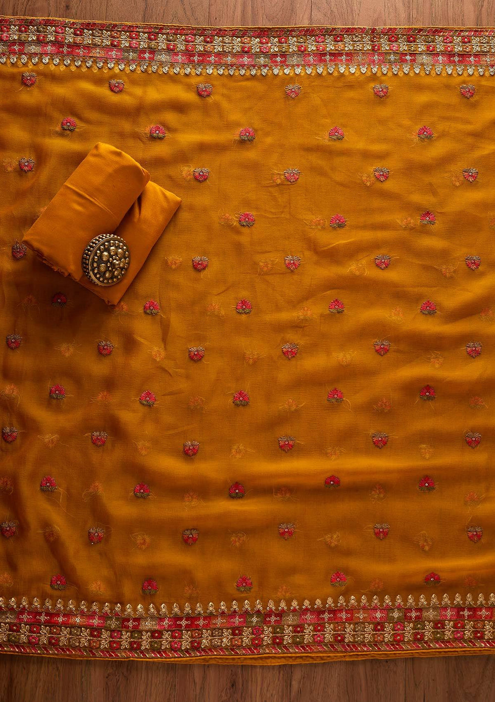 Mustard Threadwork Georgette Designer Unstitched Salwar Suit - Koskii