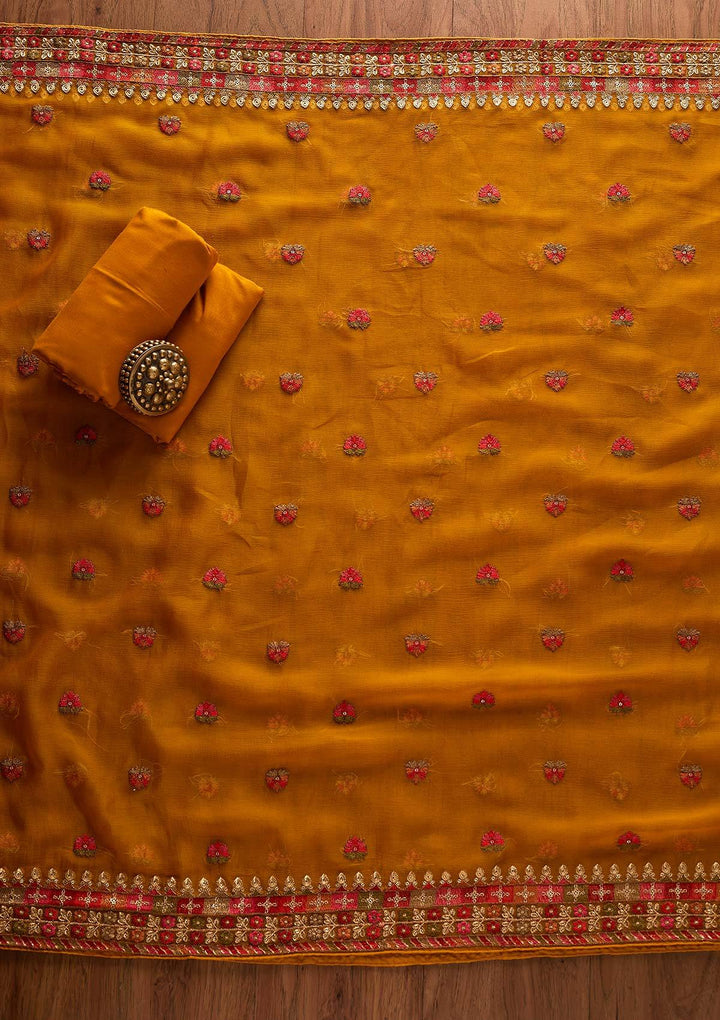 Mustard Threadwork Georgette Designer Unstitched Salwar Suit - Koskii