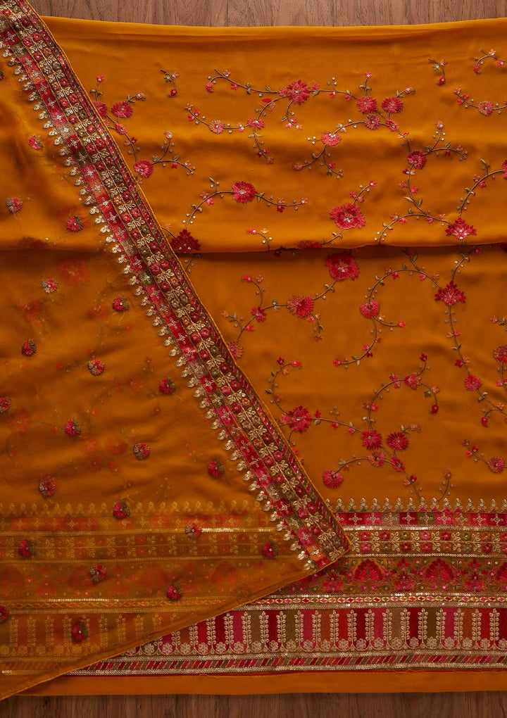 Mustard Threadwork Georgette Designer Unstitched Salwar Suit - Koskii