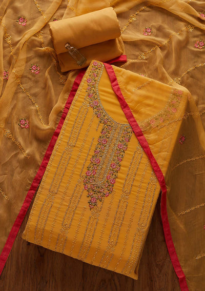 Mustard Threadwork Georgette Designer Unstitched Salwar Suit - Koskii