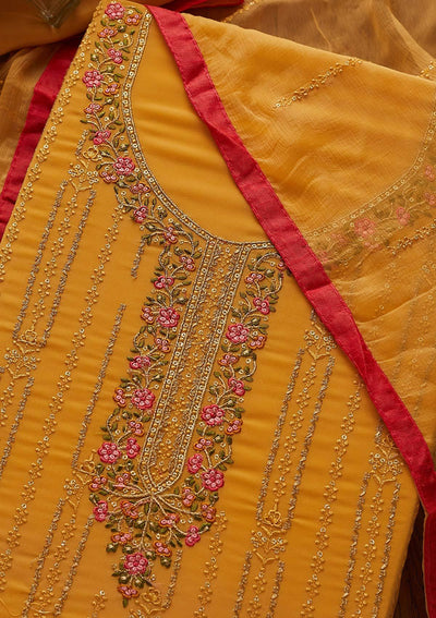 Mustard Threadwork Georgette Designer Unstitched Salwar Suit - Koskii