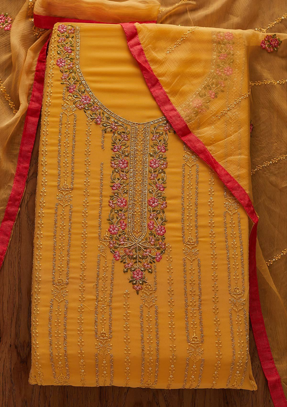 Mustard Threadwork Georgette Designer Unstitched Salwar Suit - Koskii