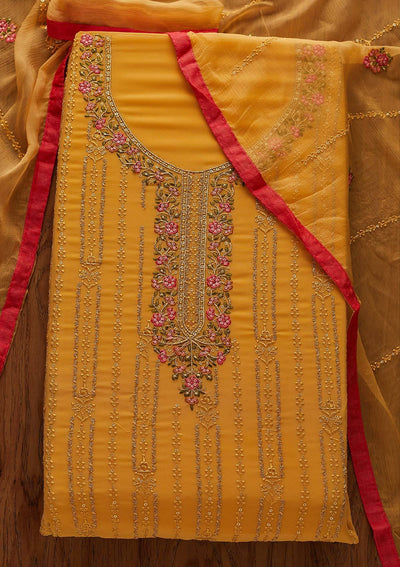 Mustard Threadwork Georgette Designer Unstitched Salwar Suit - Koskii