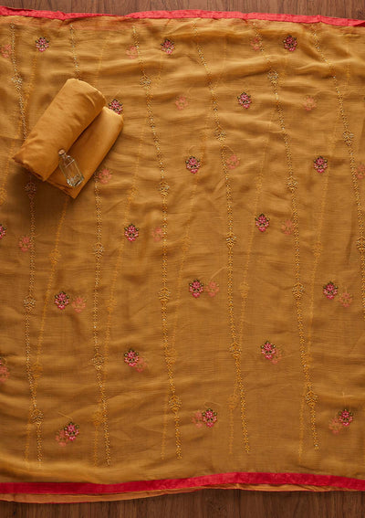 Mustard Threadwork Georgette Designer Unstitched Salwar Suit - Koskii