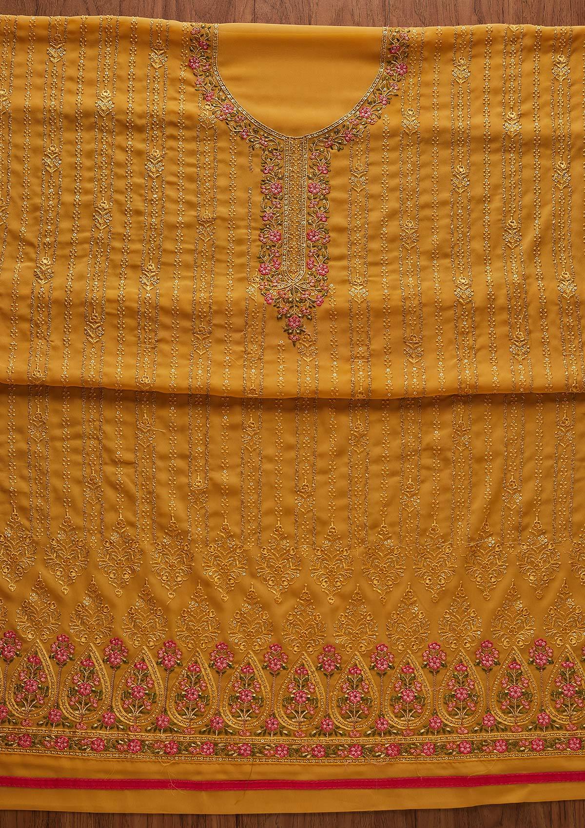 Mustard Threadwork Georgette Designer Unstitched Salwar Suit - Koskii