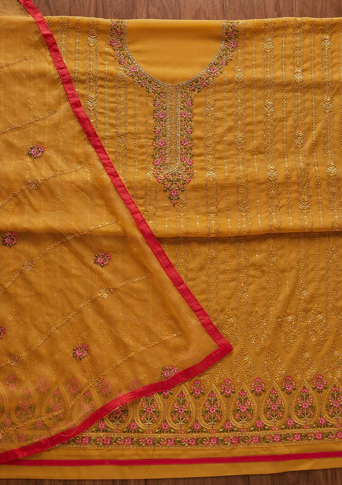 Mustard Threadwork Georgette Designer Unstitched Salwar Suit - Koskii