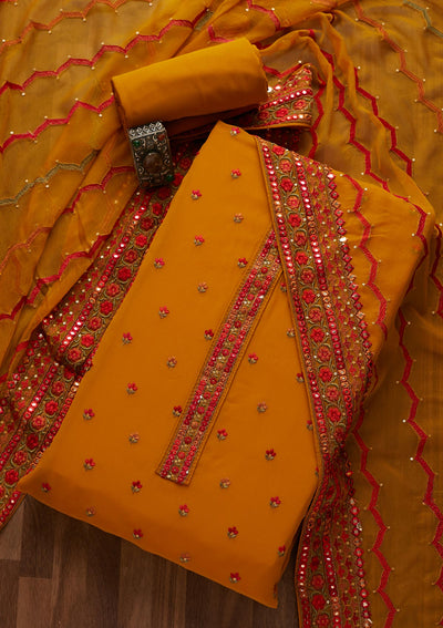 Mustard Threadwork Georgette  Unstitched Salwar Suit- Koskii