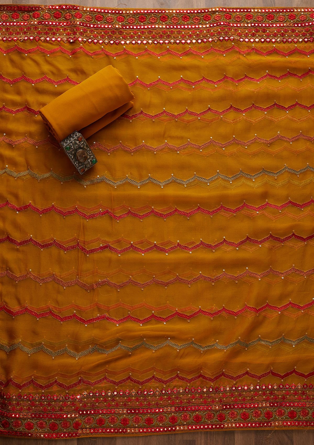 Mustard Threadwork Georgette  Unstitched Salwar Suit - Koskii