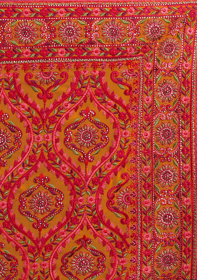 Mustard Threadwork Georgette Designer Saree - Koskii