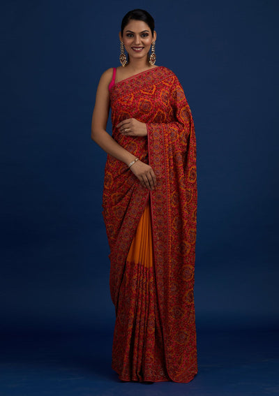 Mustard Threadwork Georgette Designer Saree- Koskii