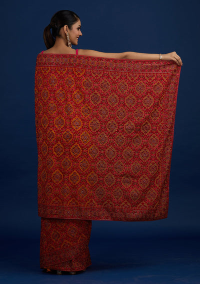 Mustard Threadwork Georgette Designer Saree - Koskii