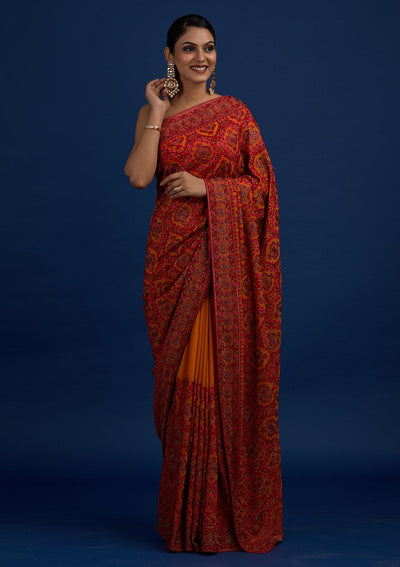 Mustard Threadwork Georgette Designer Saree - Koskii