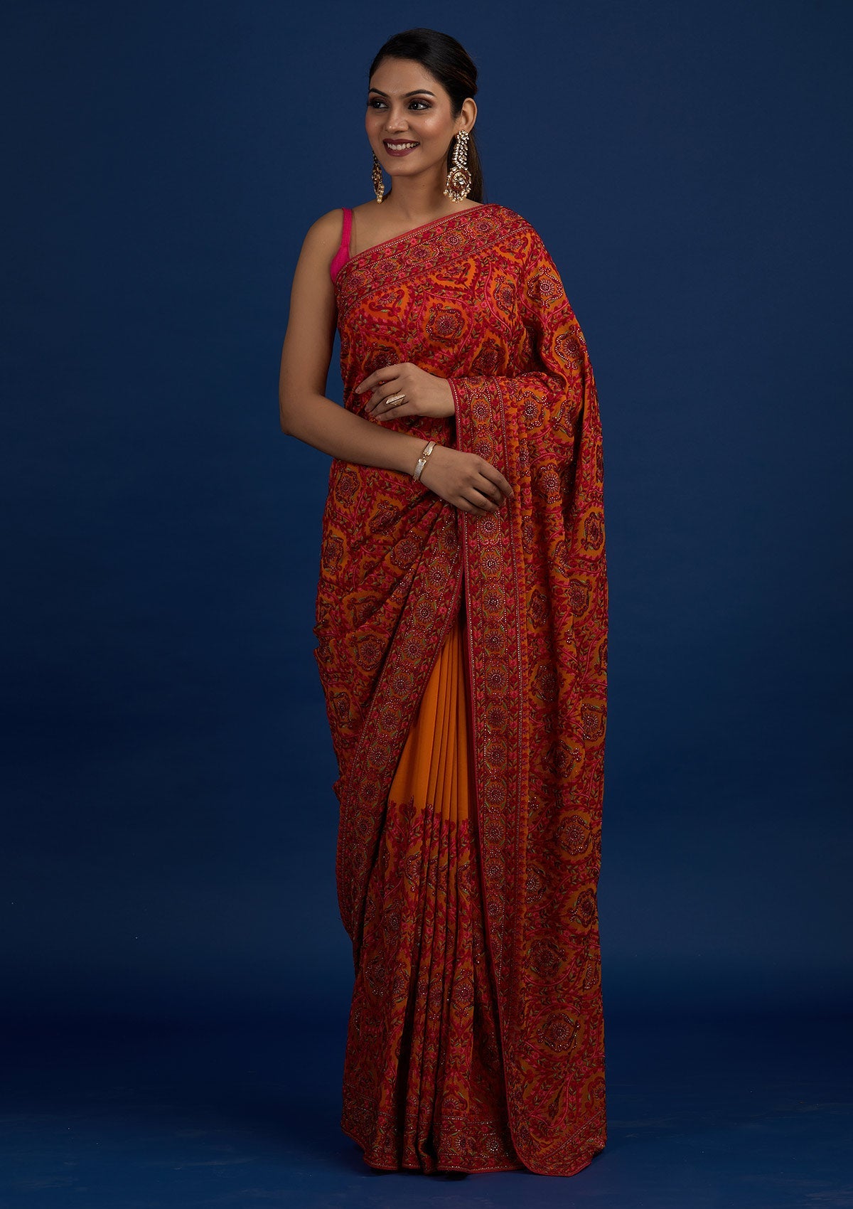 Mustard Threadwork Georgette Designer Saree - Koskii