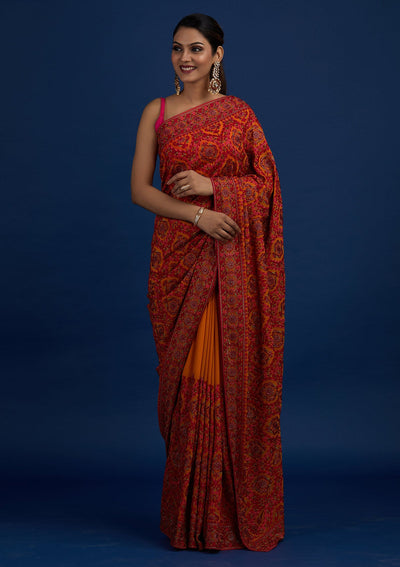 Mustard Threadwork Georgette Designer Saree - Koskii
