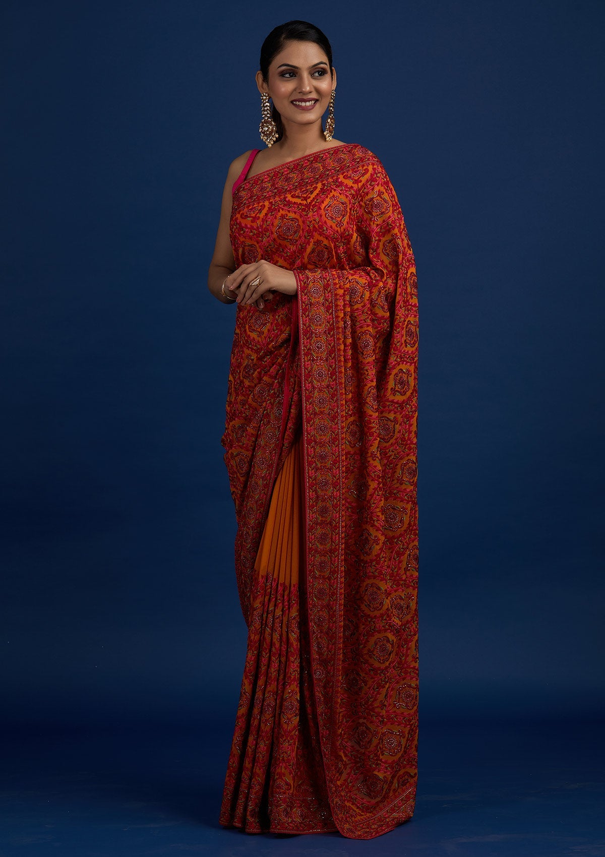 Mustard Threadwork Georgette Designer Saree - Koskii