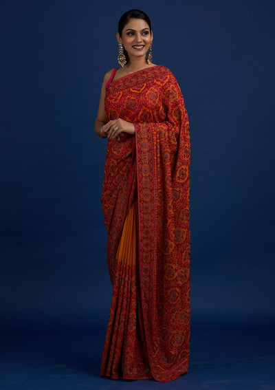 Mustard Threadwork Georgette Designer Saree - Koskii