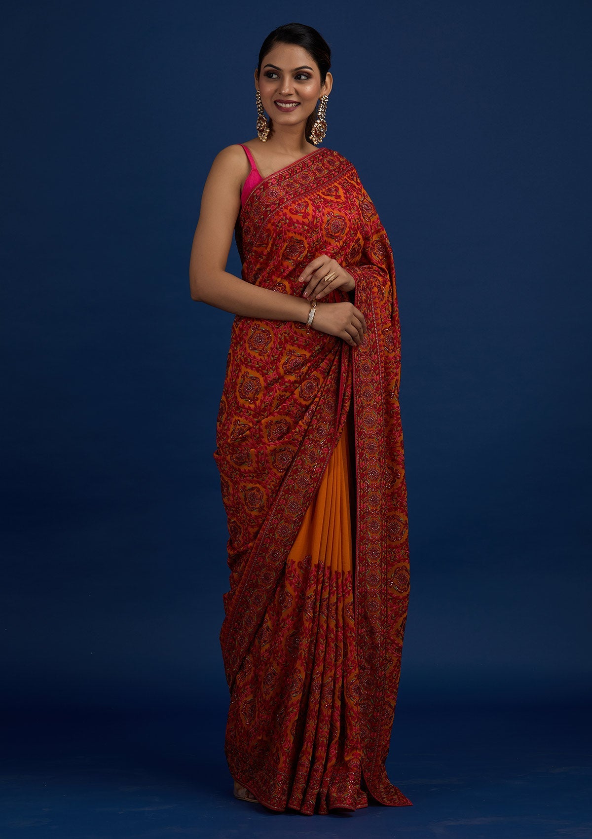 Mustard Threadwork Georgette Designer Saree - Koskii
