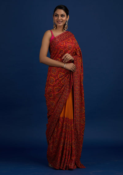 Mustard Threadwork Georgette Designer Saree - Koskii