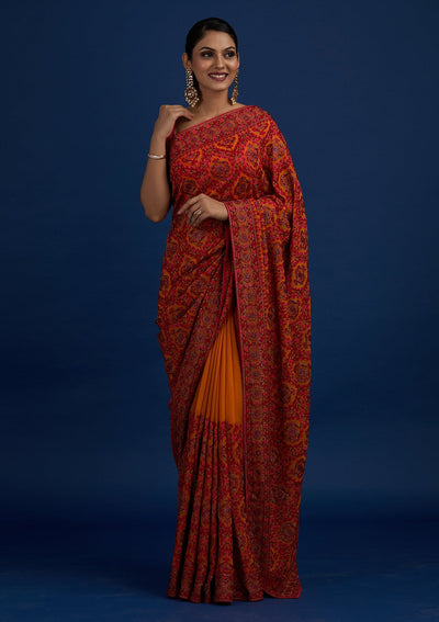 Mustard Threadwork Georgette Designer Saree - Koskii