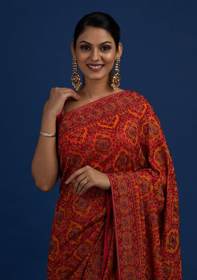 Mustard Threadwork Georgette Designer Saree - Koskii