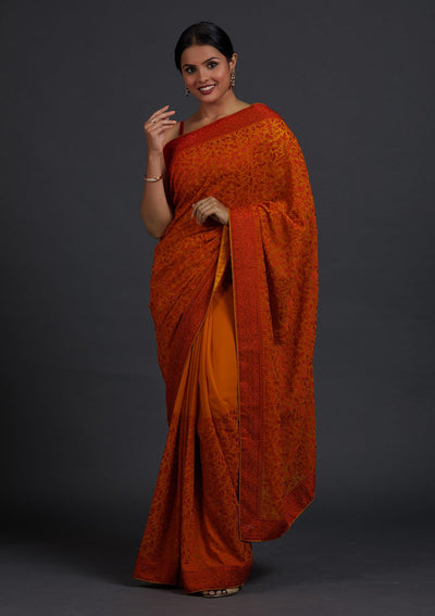 Mustard Threadwork Georgette Designer Saree - Koskii