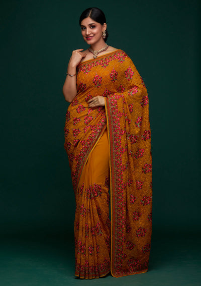 Mustard Threadwork Georgette Designer Saree - Koskii