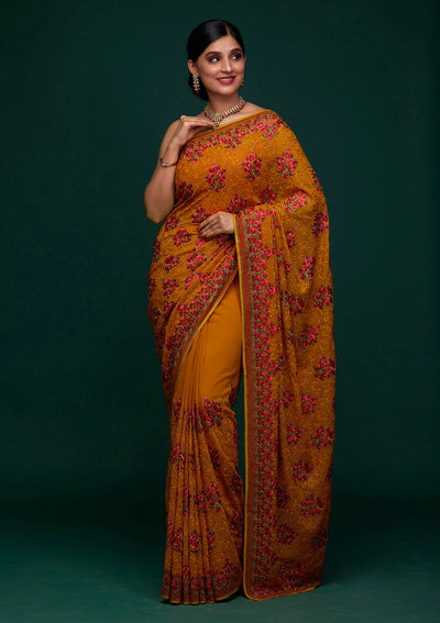 Mustard Threadwork Georgette Designer Saree - Koskii