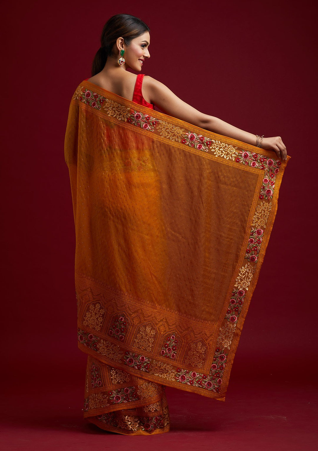 Mustard Threadwork Net Designer Saree - koskii