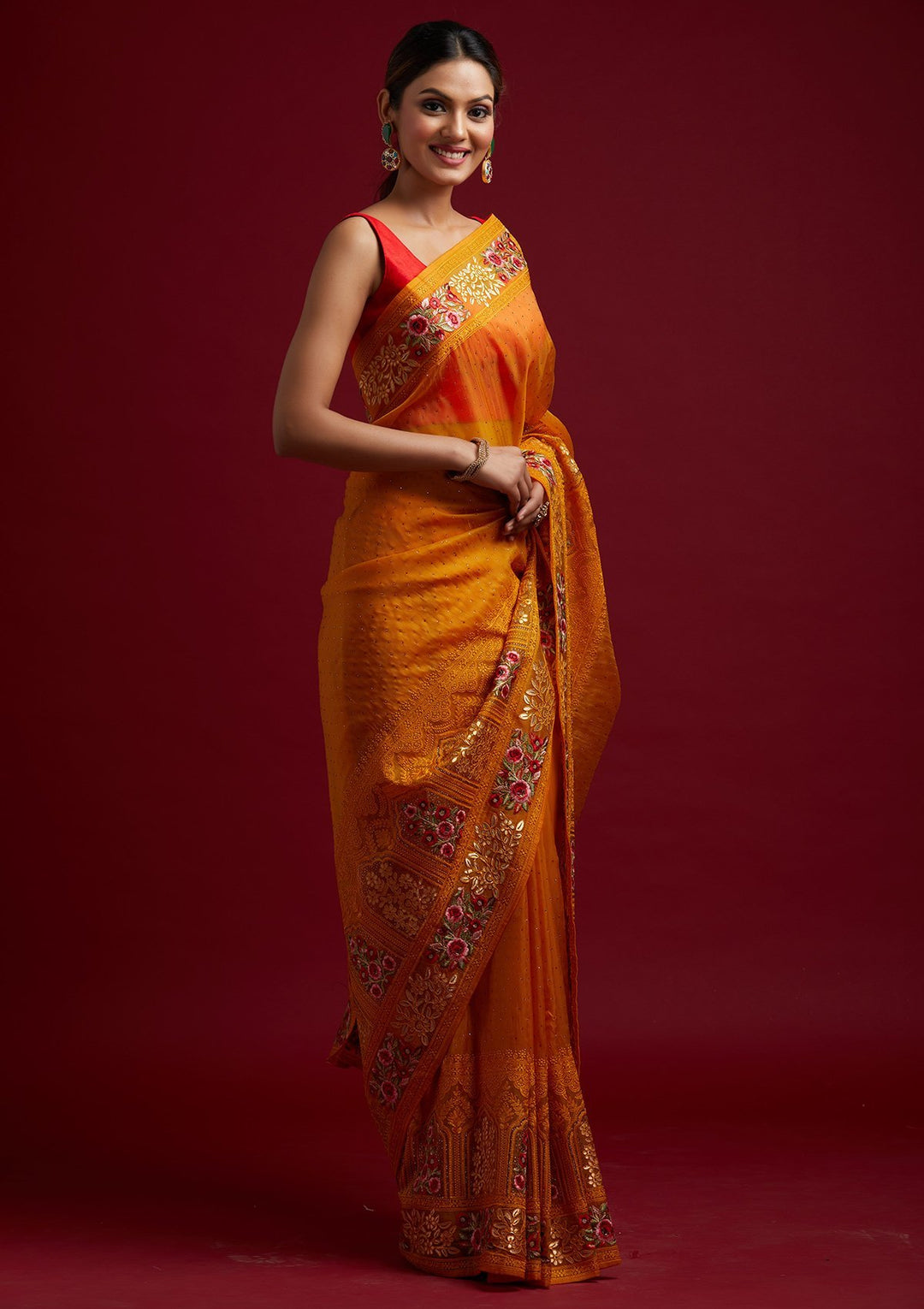 Mustard Threadwork Net Designer Saree - koskii