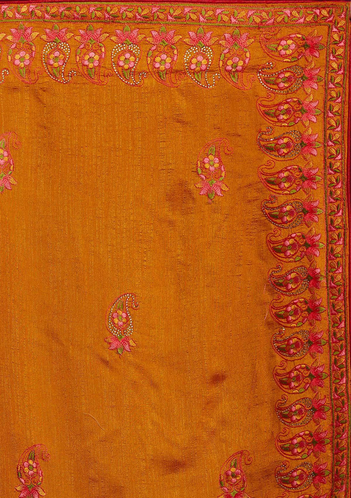 Mustard Threadwork Raw Silk Designer Saree - koskii
