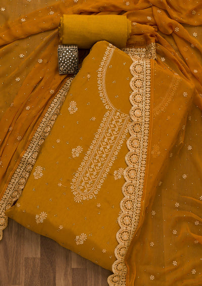 Mustard Threadwork Semi Crepe Unstitched Salwar Suit-Koskii