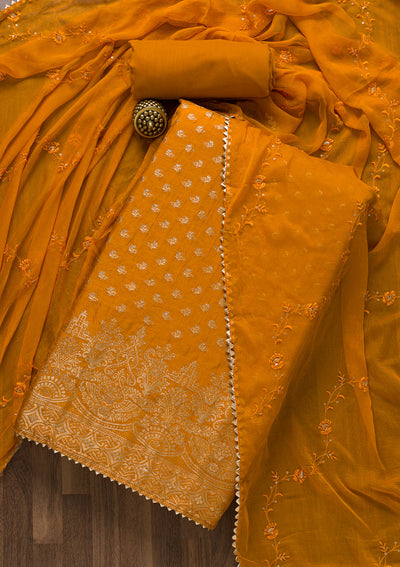 Mustard Zariwork Art Silk Unstitched Salwar Suit-Koskii