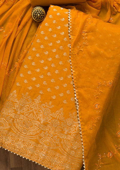 Mustard Zariwork Art Silk Unstitched Salwar Suit-Koskii